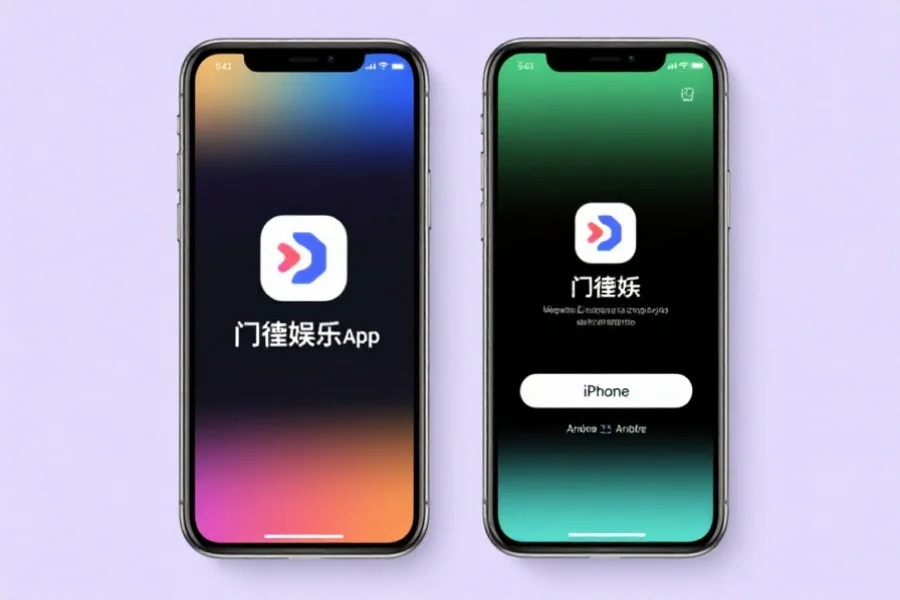 展示两部手机（iPhone与安卓）并排放置，屏幕分别显示门徒娱乐App的安装界面，画面明亮专业